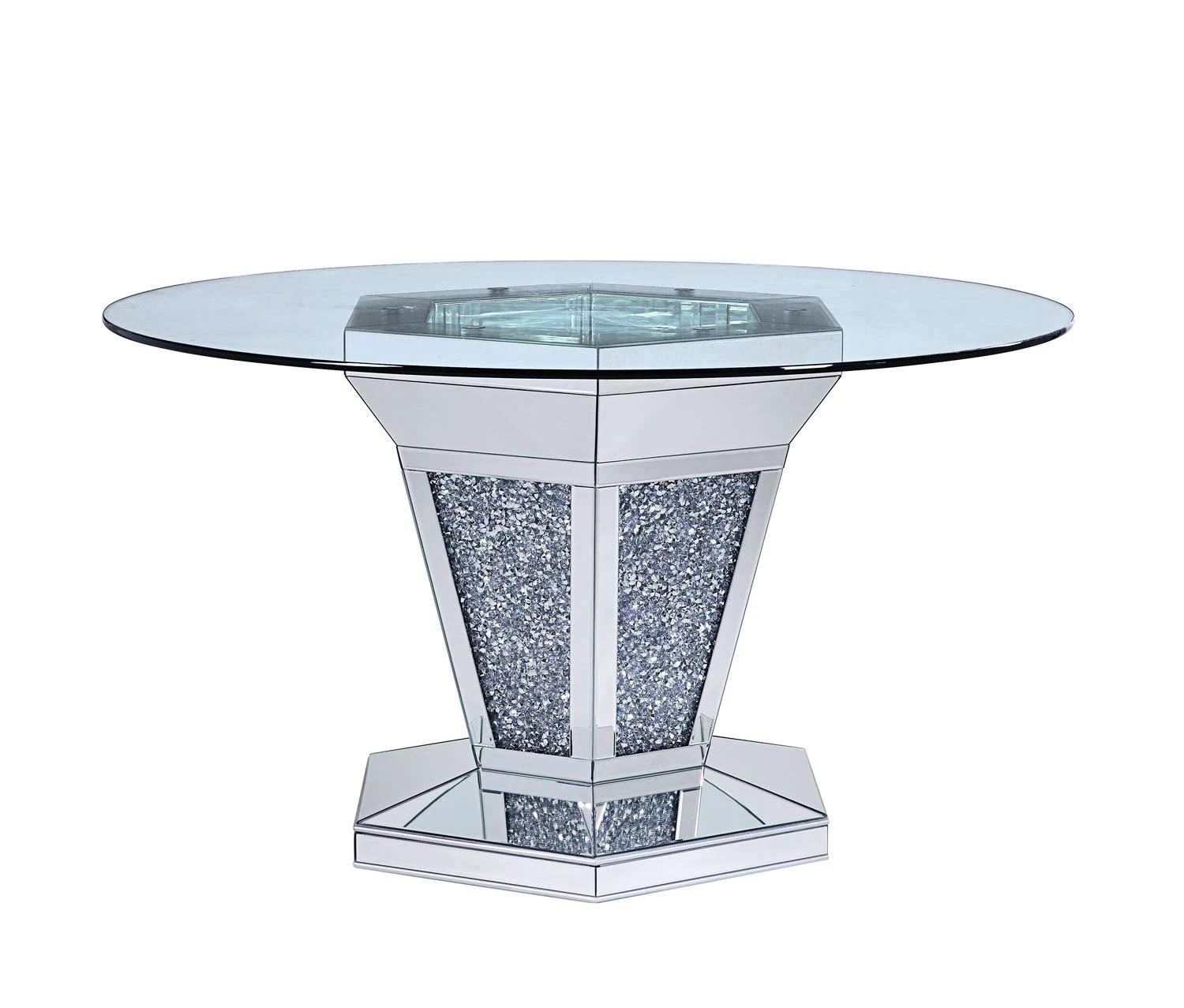 Benjara Faux Crystals and Mirror Inlaid Wooden Dining Table with Pedestal Base, Silver and Clear