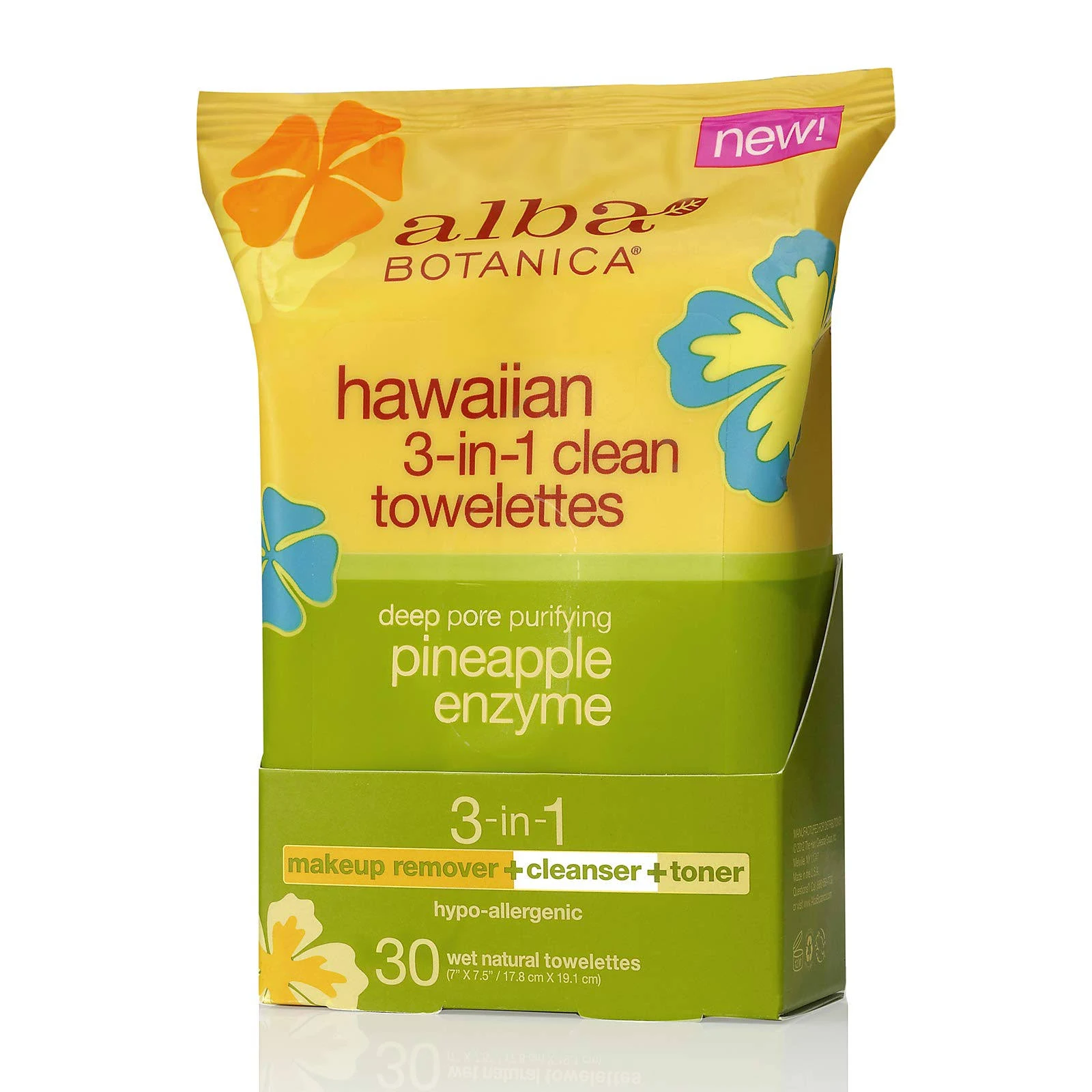 Alba Botanica Hawaiian 3 In 1 Clean Towelettes Deep Pore Purifying Enzyme, Pineapple, 25 Count (Packaging May Vary)