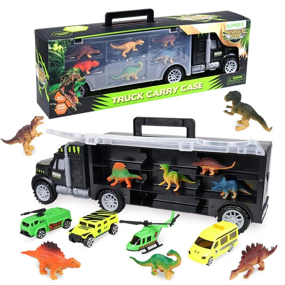 SUPREX 16 Inch Dinosaur Transport Truck Carrier Toy 14 Piece, 9 Educational Realistic Dinosaur Figures, 3 Matchbox Cars, 1 Helicopter, Dinosaur Toy for Boys, Gift for Kids Children Girls Ages 3+