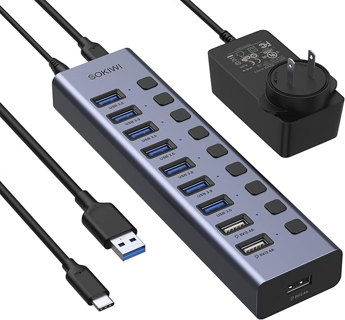 Powered USB 3.0 Hub, Sokiwi 10 Ports USB Hub Splitter(7 Data Transfer Ports+ 3 ...