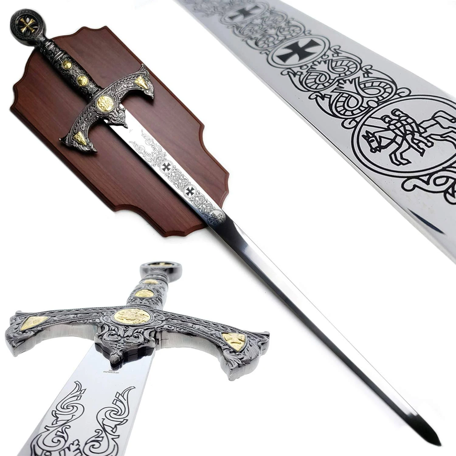 45" Crusader Medieval Sword with Wall Display Plaque. for Wall Decoration, Collection, Cosplay