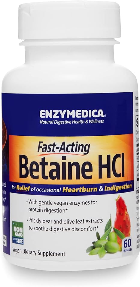 Enzymedica, Betaine HCl, Occasional Heartburn and Indigestion Support, 60 Capsules