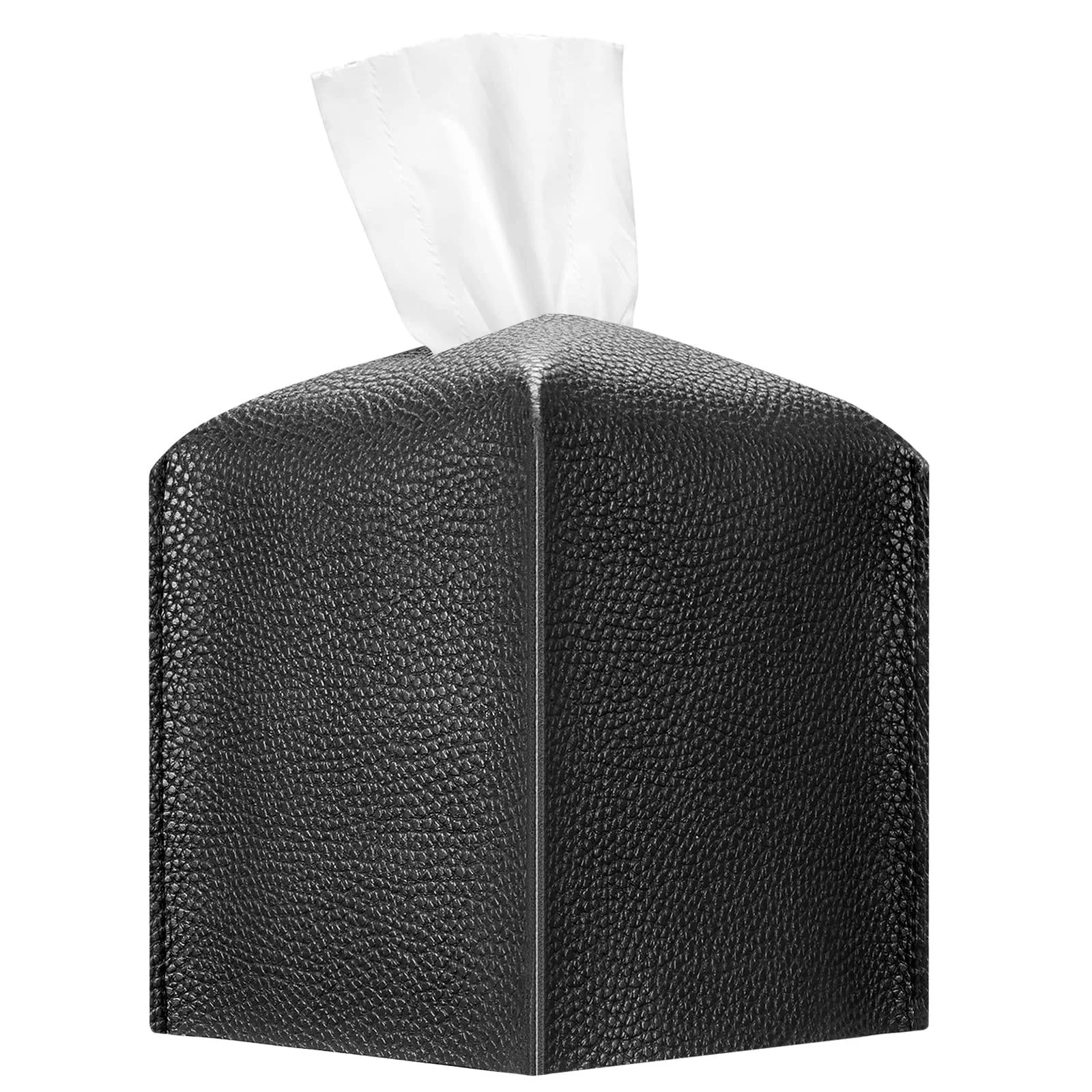 Tissue Box Cover, FINPAC Modern PU Leather Square Tissue Box Holder, Decorative Holder/Organizer for Bathroom Vanity Countertop, Night Stands, Office Desk, Car (Black)