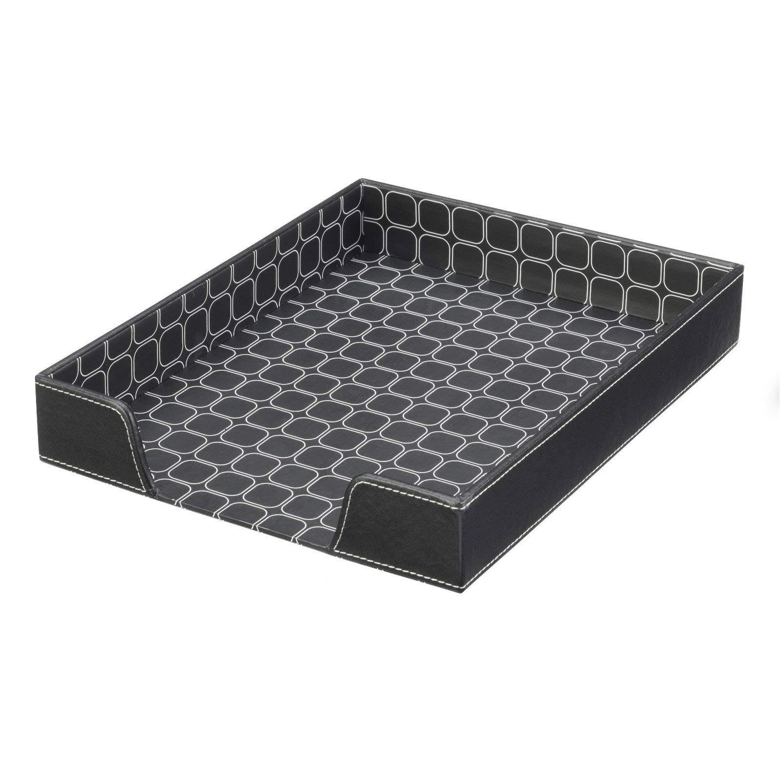 RoomForLife - Modern Stackable Tray in Modern Black & White Pattern - Faux Leather Outside, Pattern Inside - Desktop - Office- entryway and More