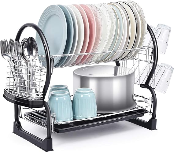 TOOLF 2-Tier Dish Rack,Easy Assemble Large Capacity Dish Drying Rack with Side Mounted Utensil Holder and Cup Holder, Organizing Dishes Kitchen Counter Top or Sink Side