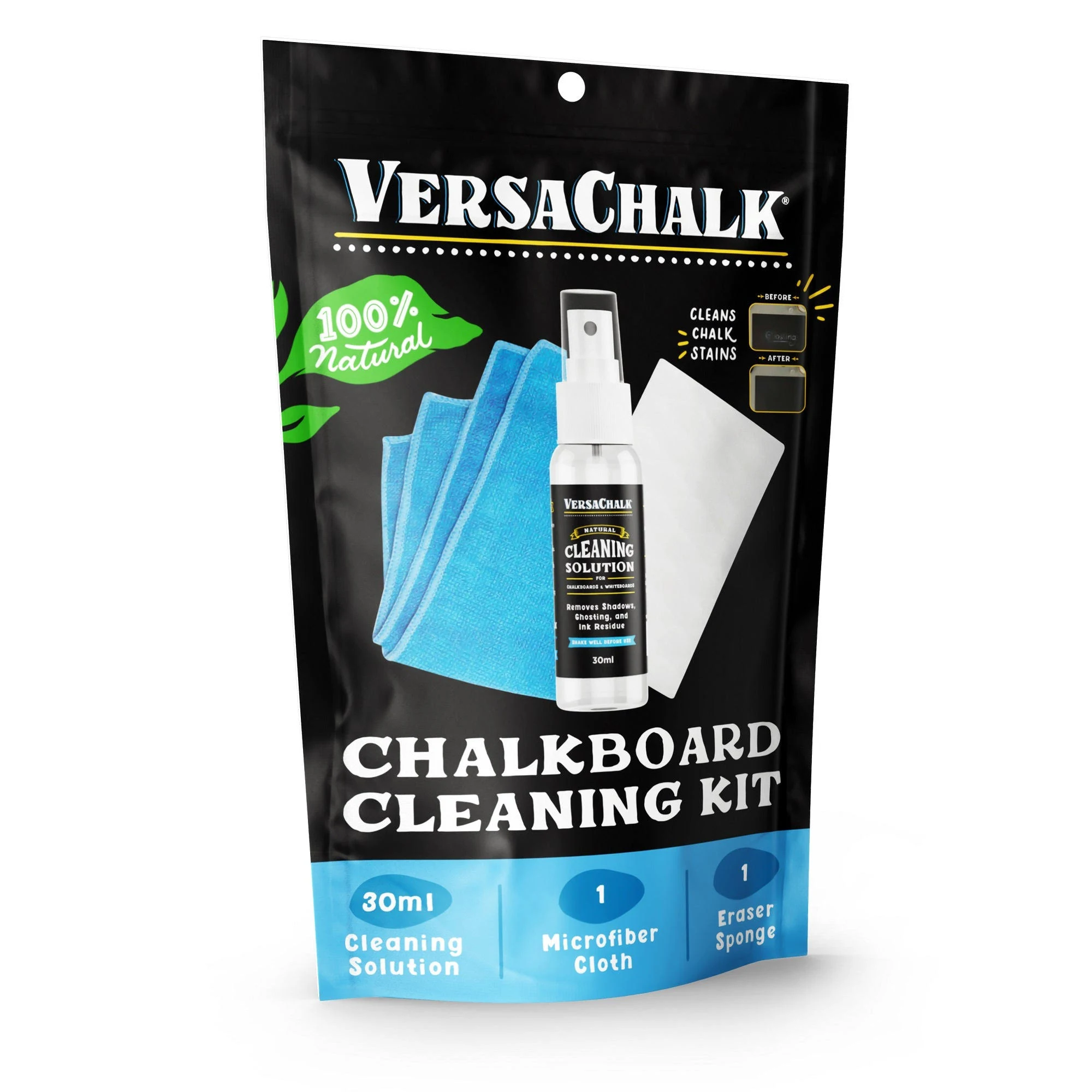 Versachalk 100% Natural Chalkboard Cleaner Spray and Eraser Kit Remove Liquid Chalk Marker Ink -30ml