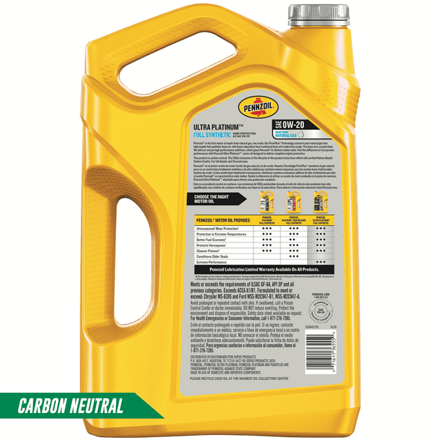 Pennzoil Ultra Platinum Full Synthetic 5W-20 Motor Oil (5 Quart, Single Pack)