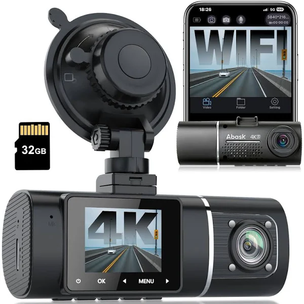 Abask 4K WiFi Dash Cam Front and Rear Inside, Dual Dashcam, Car Camera with ...