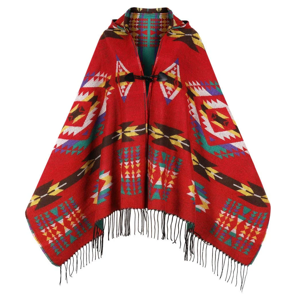 Uyuni Womens Bohemian Casual Hooded Shawl Fringe Poncho Cashmere Loose Plaid Cape ...