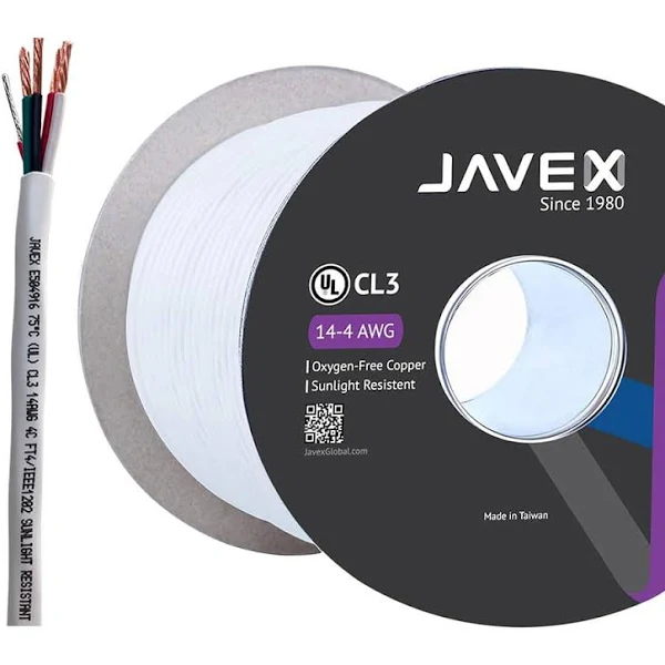 JAVEX 14/4 UL13 CL3R Speaker Wire (100 FT), 14-Gauge AWG Riser/in-Wall & Outdoor/In-Ground [Oxygen-Free Copper 99.9%] HighFlex Copper Strands for Security, Control and Alarm System Installation, White