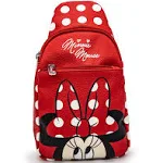 Disney Bag, Sling, Minnie Mouse Face Close Up with Polka Dots, Red, Bounding, Vegan Leather 11.0" x 6.5"