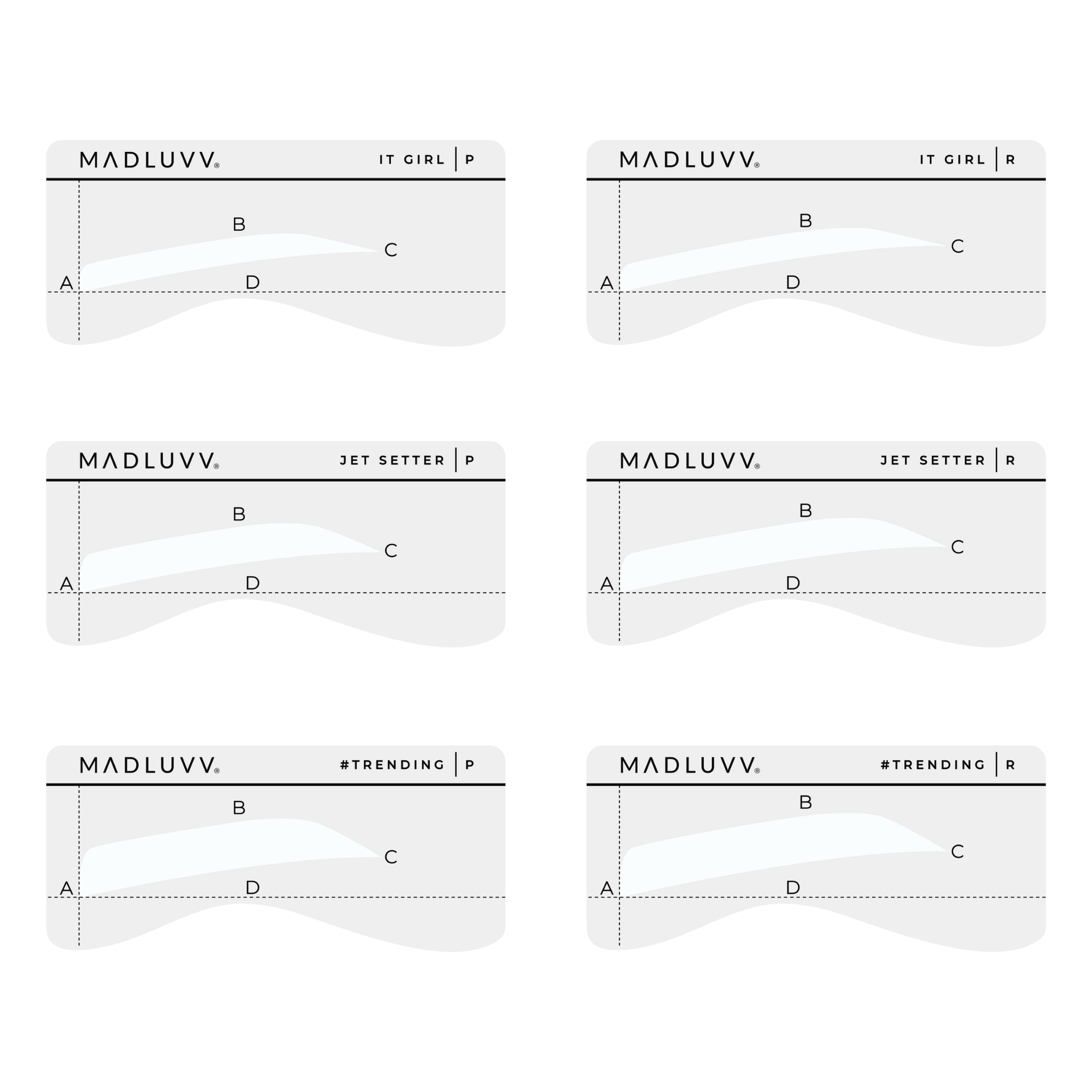 MADLUVV Eyebrow Shaper Stencils, Reusable Brow Mapping Template for PMU Professionals, Semi-Permanent Makeup Mapping, 6 Stencils (3 Stencil Shapes in Both Petite and Regular Sizes) - Straight Up Set