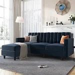 Honbay Velvet 3-Seat L-Shaped Sectional Sofa with Tufted Back, Dark Blue