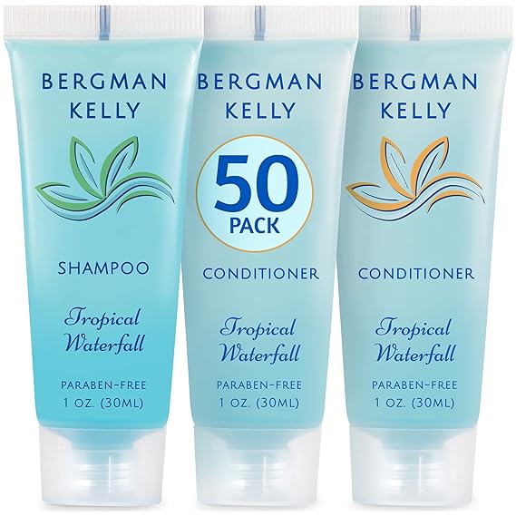 Bergman Kelly - Travel Shampoo and Conditioner Set - 1 fl oz, 100 Pieces, Tropical Waterfall - Delight Your Guests with Invigorating and Refreshing Hotel Toiletries and Guest Hospitality in Bulk