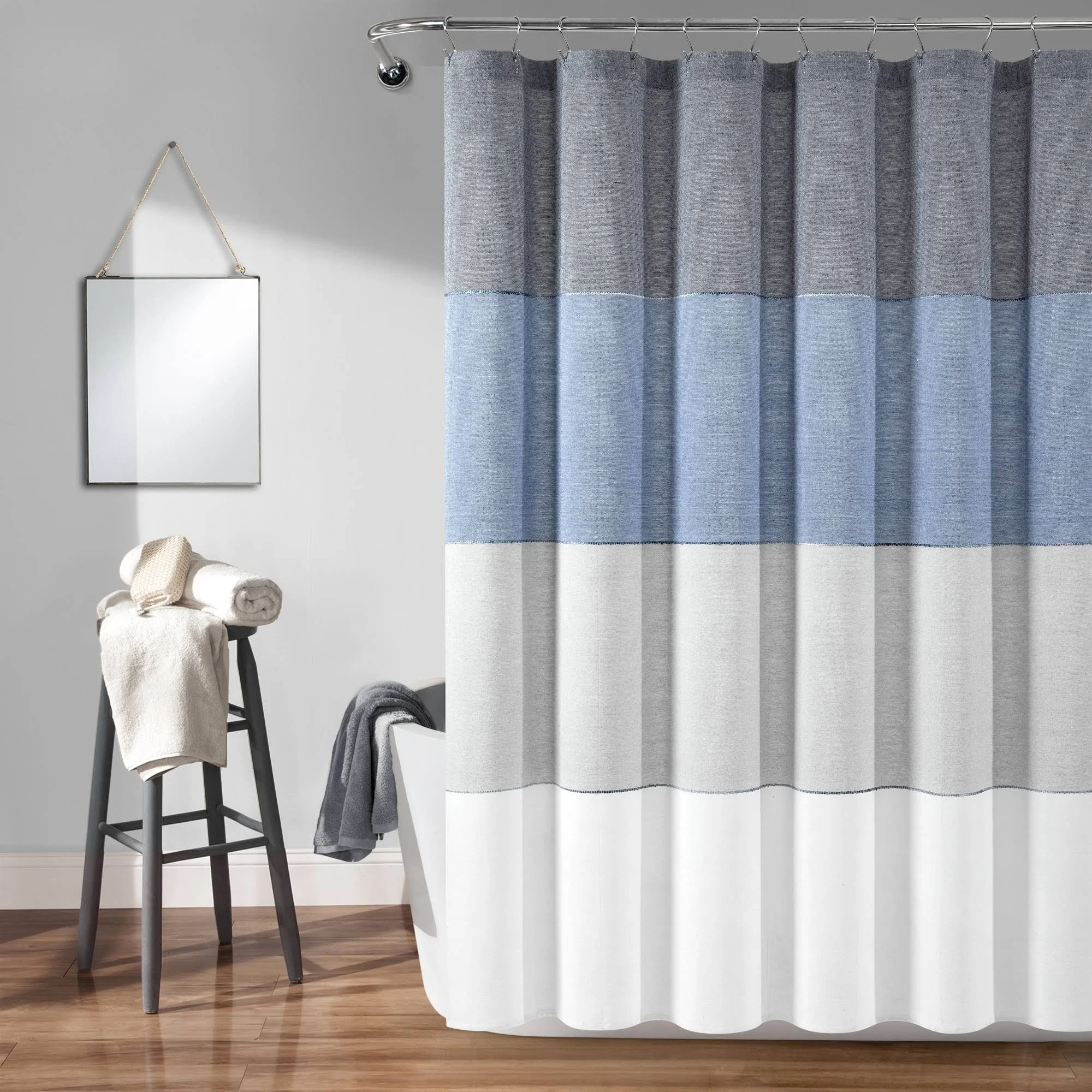 Lush Decor Color Block Ombre Yarn Dyed Eco-Friendly Recycled Cotton Shower Curtain Navy Single 72x72, Blue