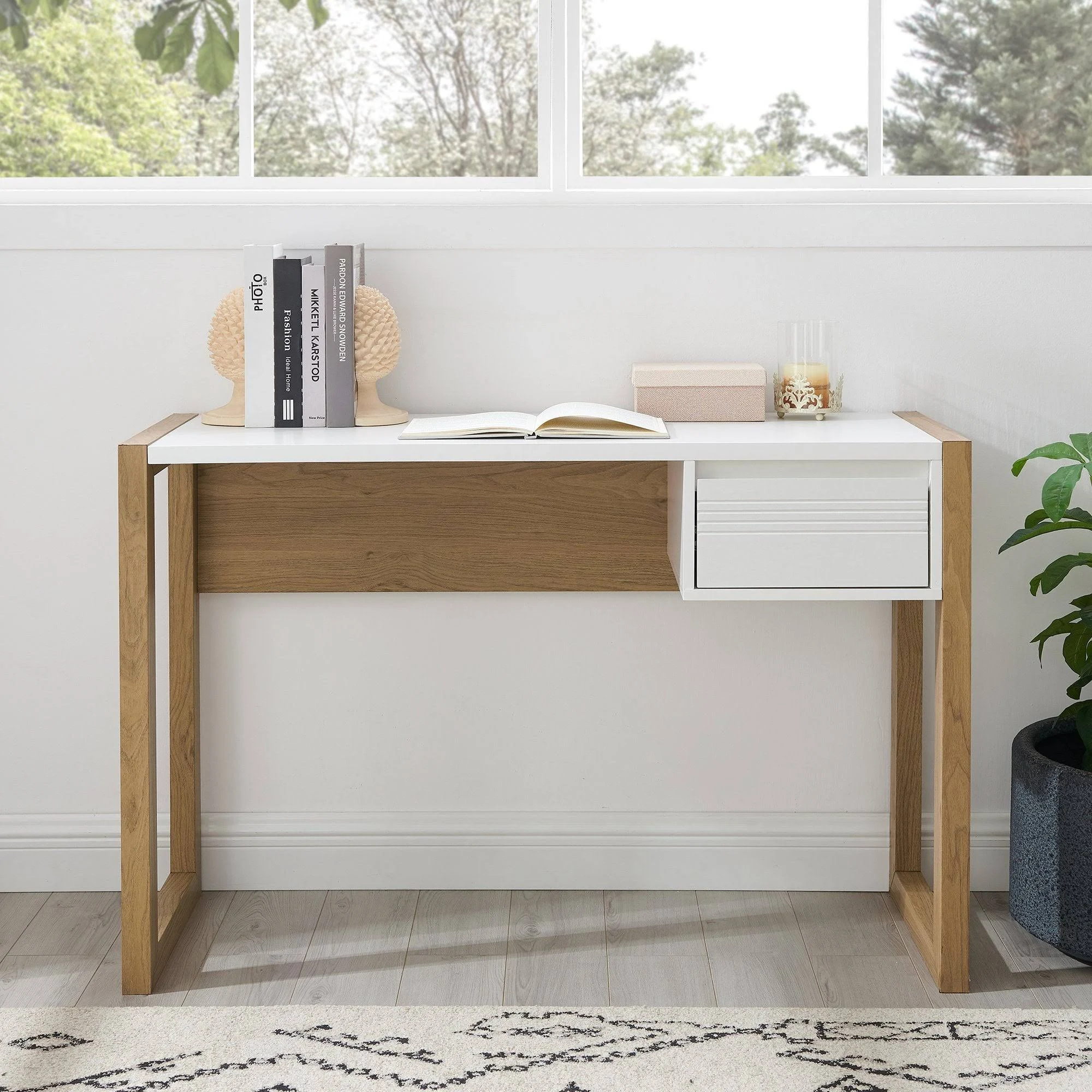 Walker Edison Ashton 46" Fluted Drawer Writing Desk - English Oak/Solid White