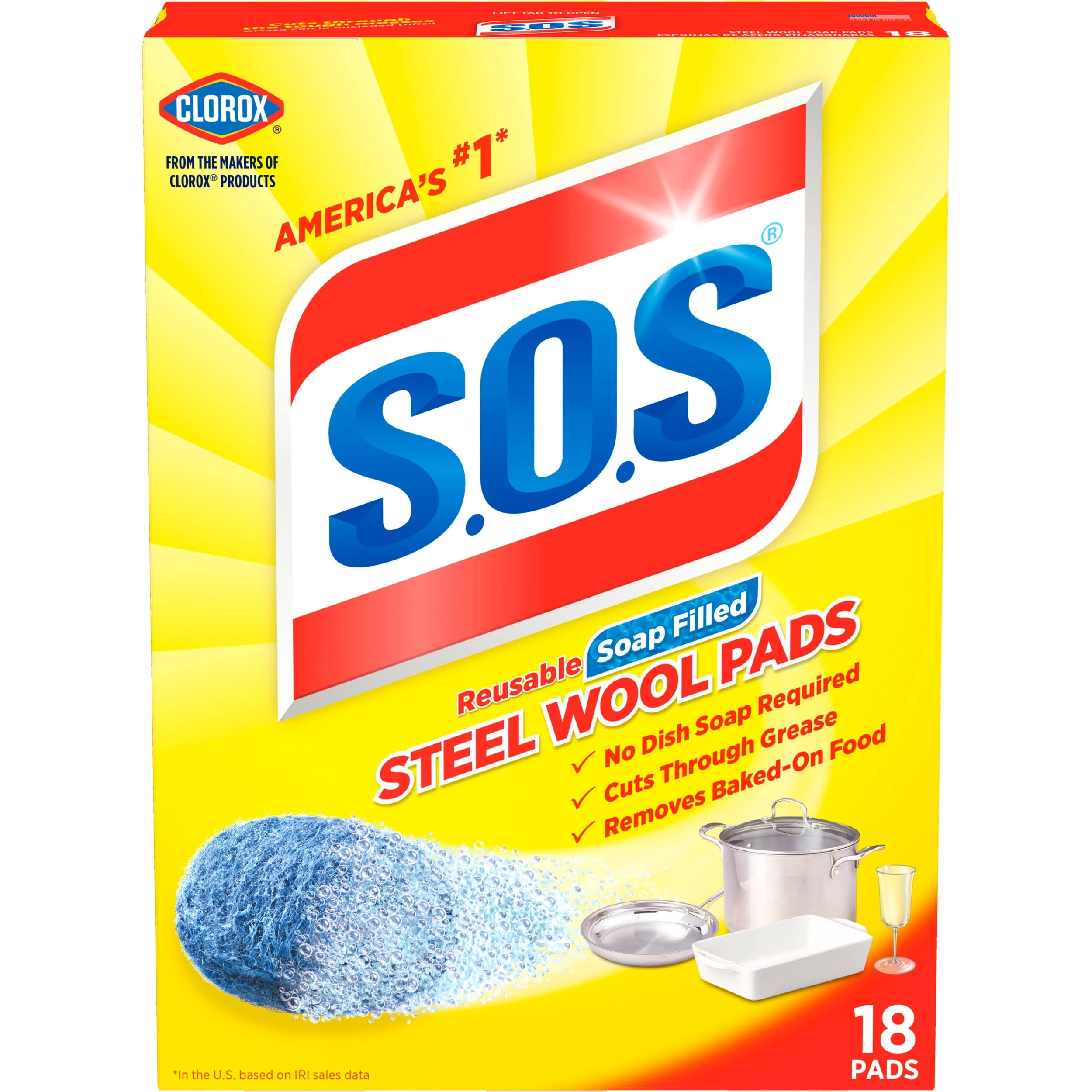 S.O.S Steel Wool Pads, Reusable, Soap Filled - 18 pads