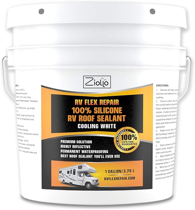 Ziollo RV Flex Repair 100% Silicone RV Roof Sealant - EPDM Rubber Coating to Waterproof Metal and Fiberglass on Motorhomes, Trailers, Campers (White, 1 Gallon)