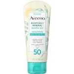 Aveeno Positively Mineral Sensitive Skin Daily Sunscreen Lotion with SPF 50 100 Zinc Oxide NonGreasy Sweat WaterResistant Sheer Sunscreen for Face Body TravelSize, Unscented, 3 Fl Oz