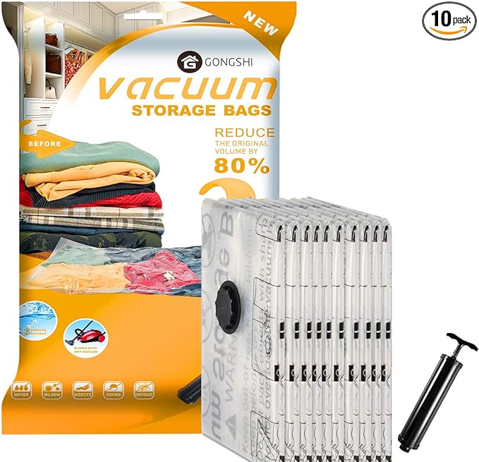 Vacuum Storage Bags (10 x Jumbo), Space Saver Sealer Compression Bags with Travel Hand Pump for Blankets, Comforters, Pillows, Clothes Storage