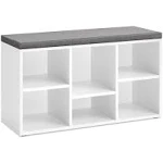 VASAGLE Shoe Bench, Shoe Storage Organizer with 6 Compartments and 3 Adjustable Shelves, Cushioned Seat, Compact and Narrow, for Entryway, Hallway, Closet, White and Gray ULHS23WT