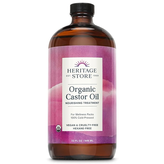 HERITAGE STORE Organic Castor Oil, Nourishing Hair Treatment, Deep Hydration for Healthy Hair Care, Skin Care, Eyelashes & Brows, Castor Oil Packs, Cold Pressed, Hexane Free, Vegan, Cruelty Free 32oz