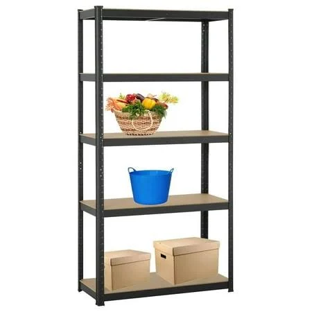 77" 5-Shelf Heavy Duty Shelving Unit Metal Steel Frame Anti-Slip Feet MDF Board, Garage Workshop Warehouse Display Storage Shelving Units Rack, Adjustable Height Utility Shelves (Black)