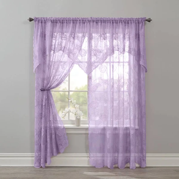 Wide Width Ella Floral Lace Panel with Attached Valance by BrylaneHome in Lilac ...