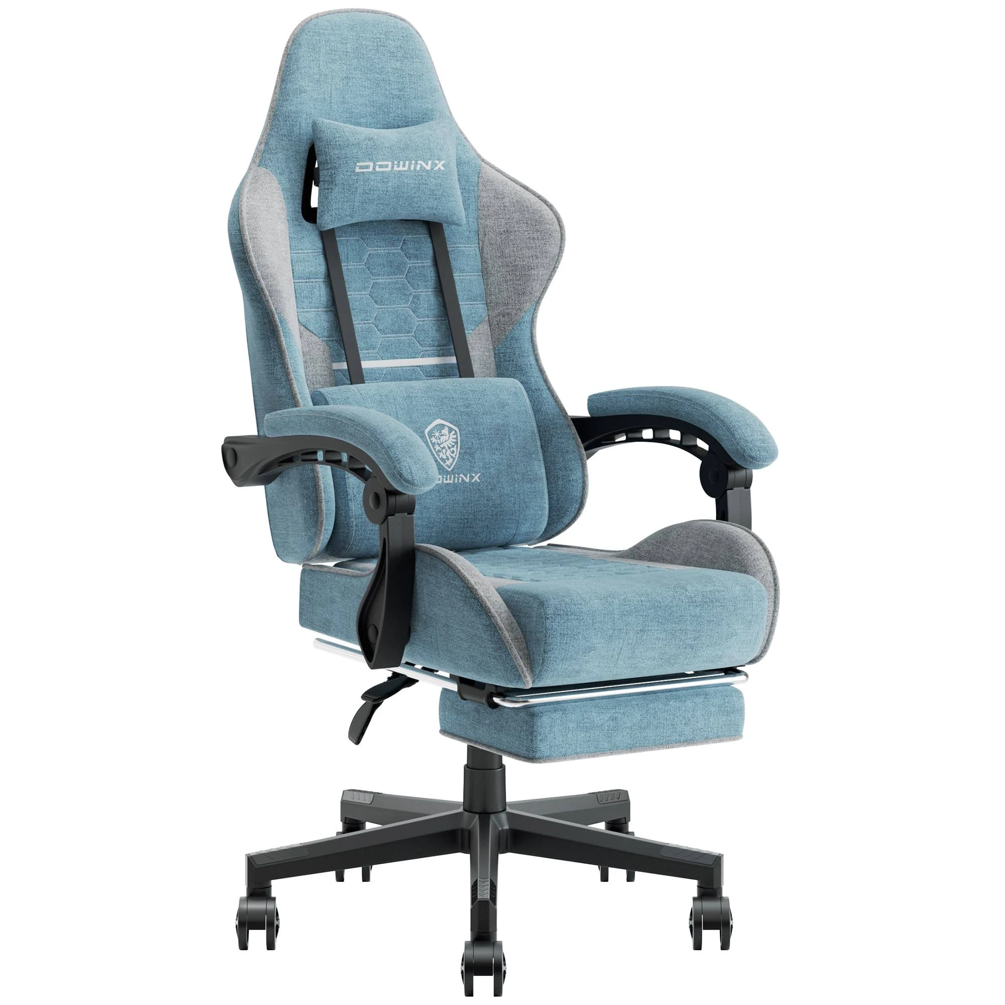 Dowinx Gaming Chair Fabric with Pocket Spring Cushion Massage Game Chair Cloth with Headrest Ergonomic Computer Chair with Footrest 290lbs Blue and GR