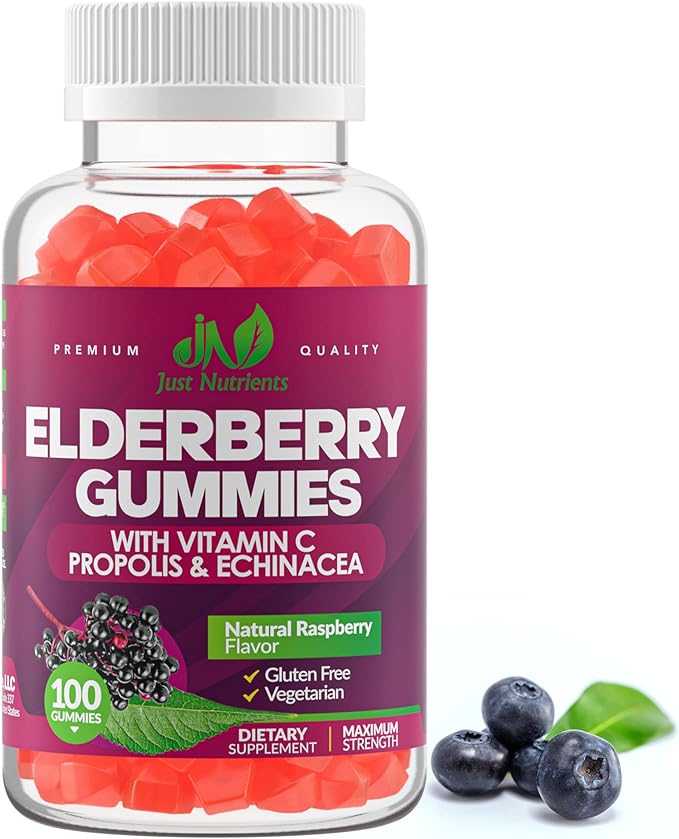 Elderberry Sambucus Gummies with Vitamin C, Echinacea, Propolis (100 Count) Immune Support for Adults & Kids Extra Strength, Great Tasting Raspber