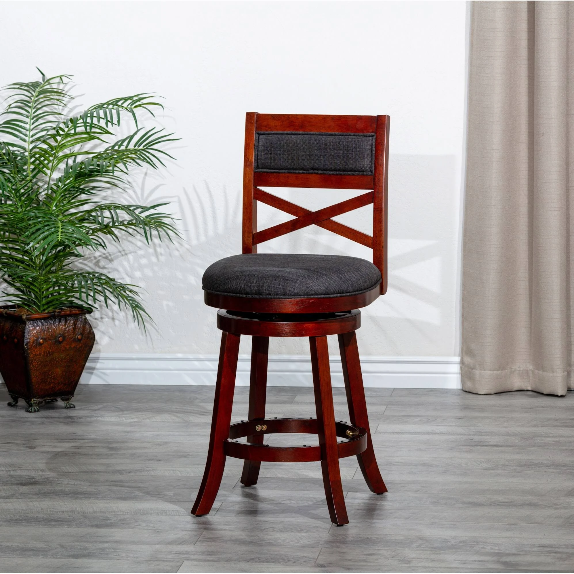 DTY Indoor Living Meeker X Back Fabric Swivel Stool, 24” Counter Height, Cherry Finish, Charcoal Fabric Seat