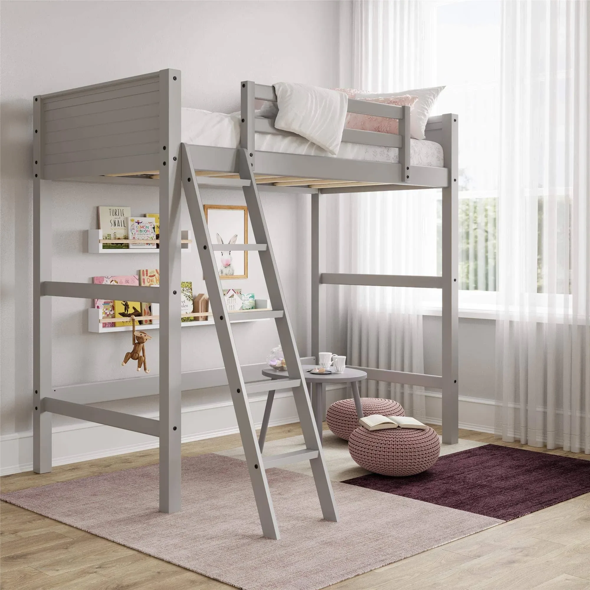 Dorel Living Moon Bay Kids Twin Wooden Loft Bed with Ladder in Gray