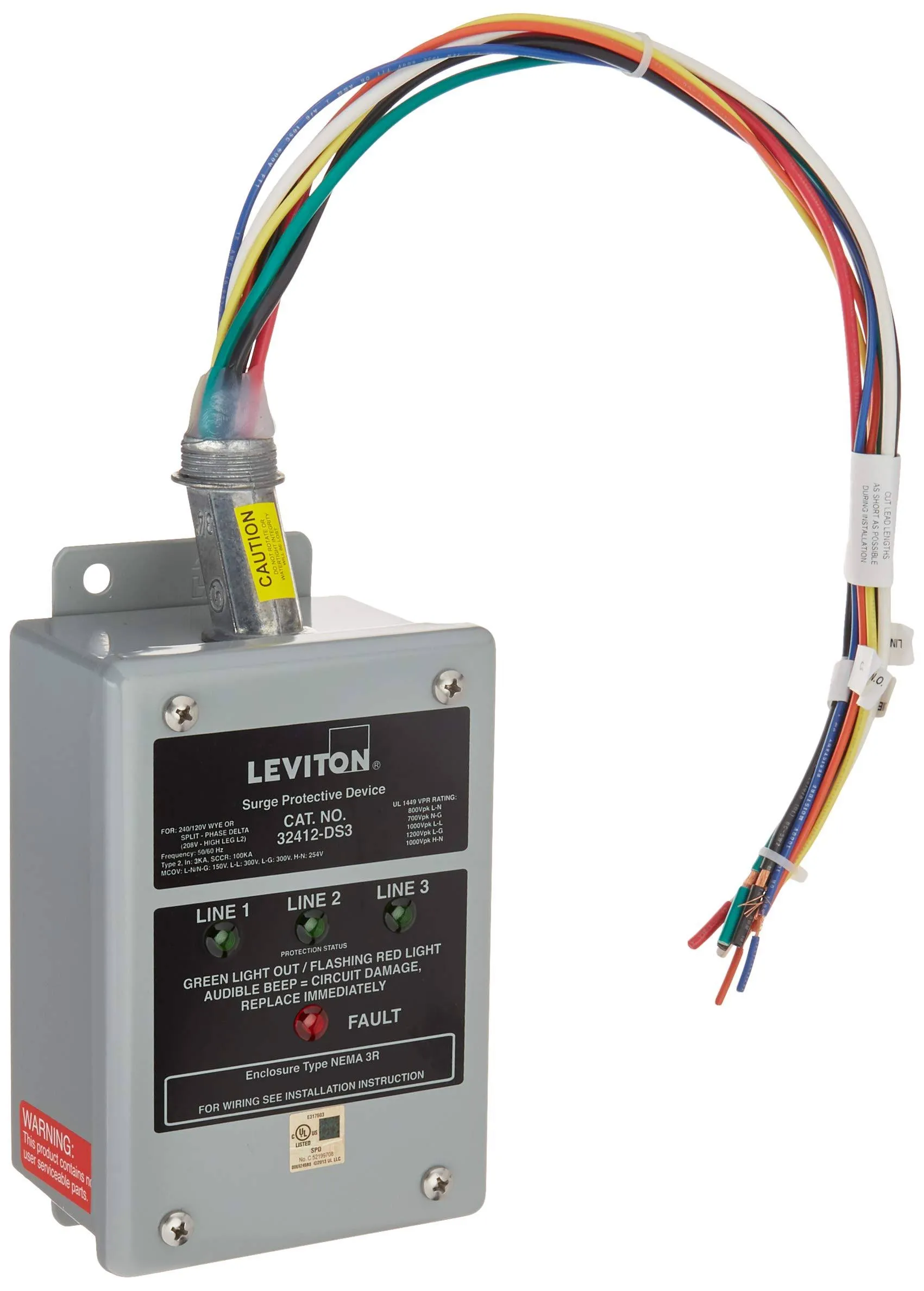 Leviton 32412-DS3 120/240/120 Volt, Hi-Leg Split Phase Delta Panel Protector, DHC and X10 Compatible, 80Ka Max Surge Current