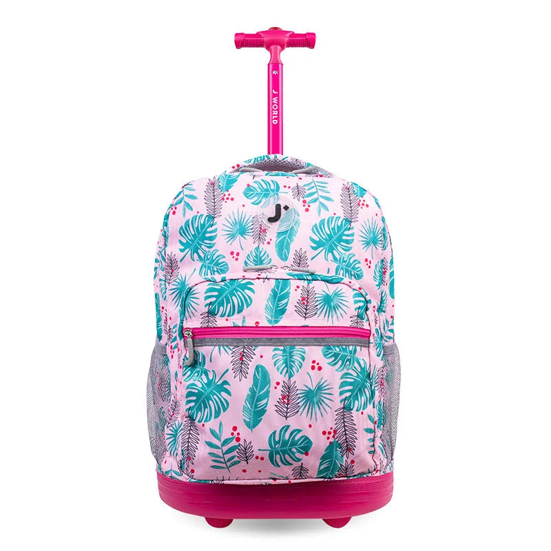 J World Girls Sunrise 18" Rolling Backpack for School and Travel, Palm Leaves