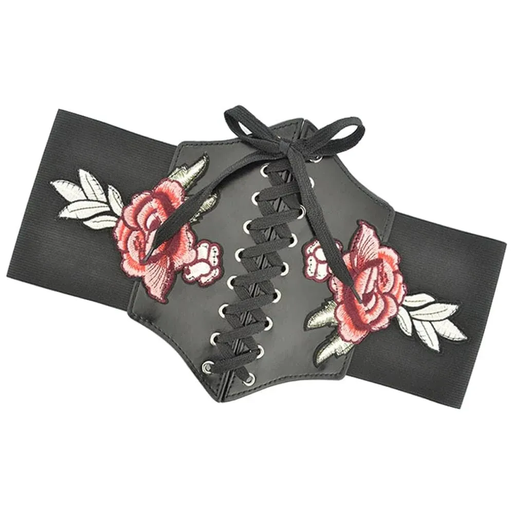 Women’s Lace Up Corset Waspie Floral Embroidered Waist Belt for Women