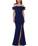 Xscape Women's Long Crepe Over-The-Shoulder Ruffle Gown