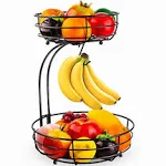 Auledio 2-Tier Countertop Fruit Basket Storage with Banana Hanger - Black, 64 oz