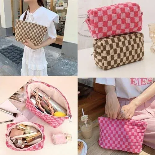 Checkered Makeup Bag Set for Women Girls 2 Pcs Cute Pink Preppy Cosmetic Bag Set with 7 Pcs Heishi Surfer Bracelets, Portable Large Medium Travel Pouch for Purse Zipper Toiletry Organizer