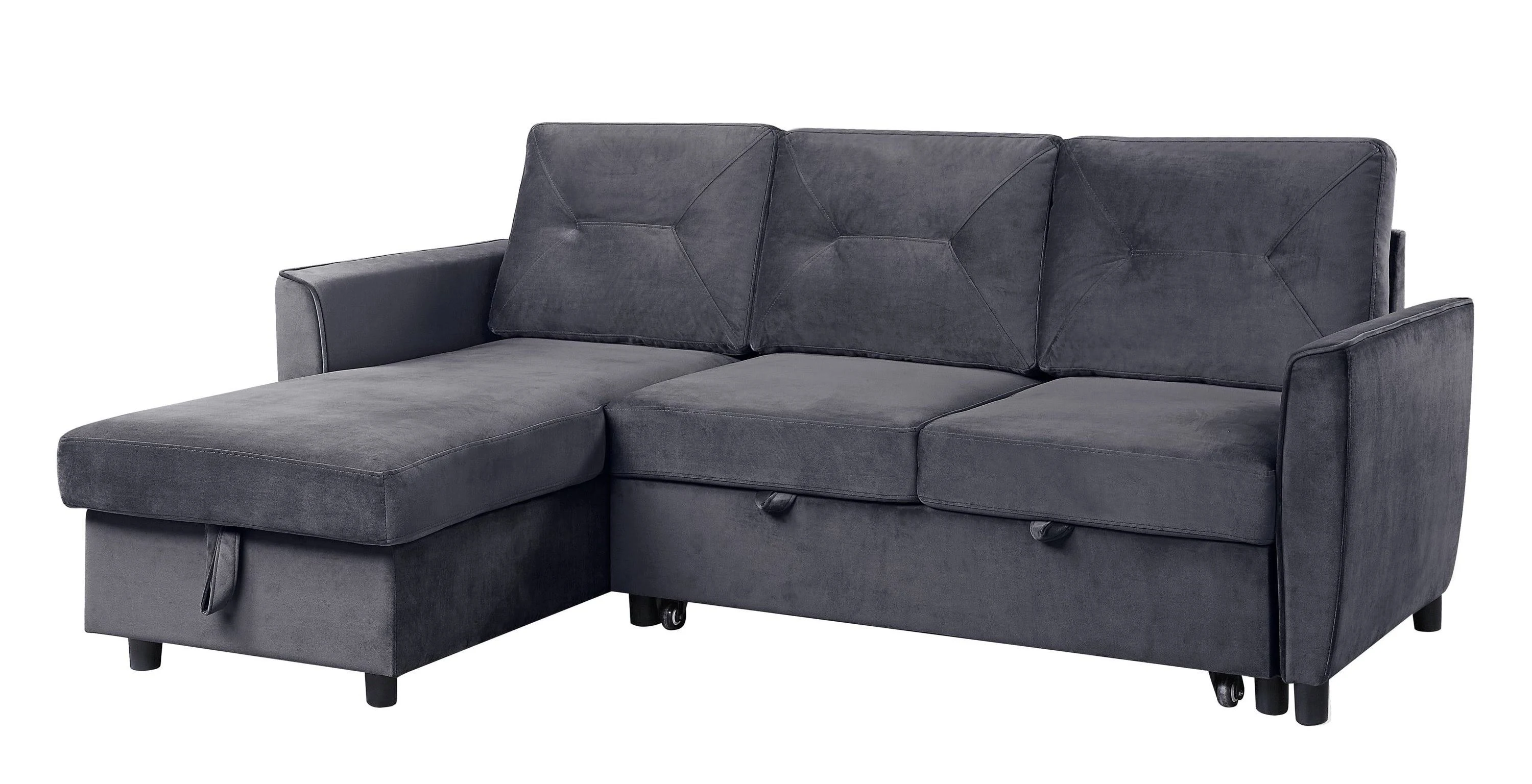 Lilola Home Hudson Dark Gray Velvet Reversible Sleeper Sectional Sofa with Storage Chaise