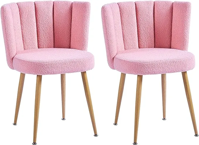 ATSNOW Pink Sherpa Accent Chairs Set of 2, Mid Century Modern Upholstered Side ...