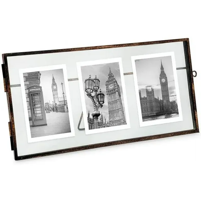 Isaac Jacobs 3-Photo Vintage Style Glass and Metal Floating Picture Frame Horizontal w/ Locket Closure; For Photos, Art, & More, Tabletop Display Three-2x3, Antique Bronze