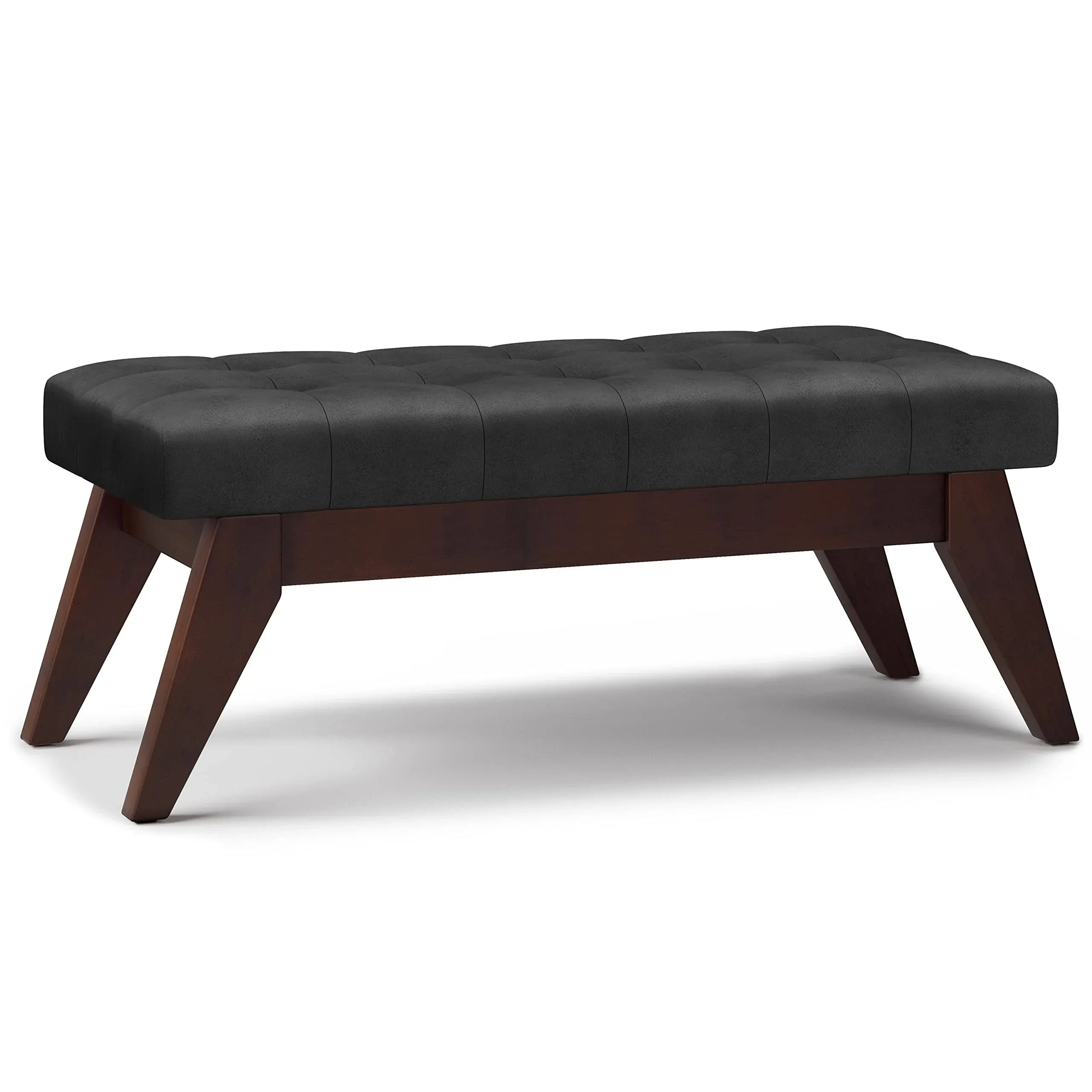 Simpli Home Draper Mid Century Tufted Ottoman Bench in Distressed Black Faux Leather