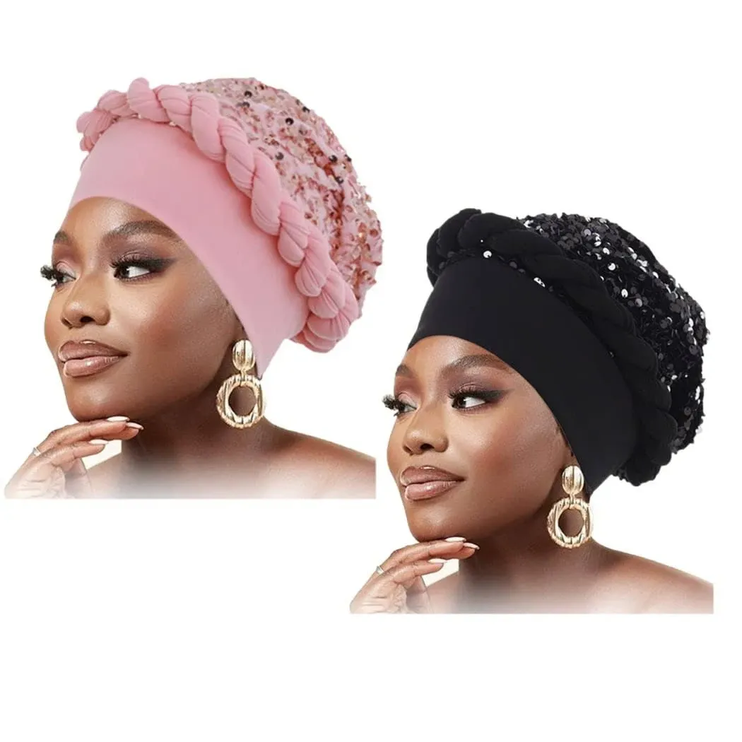 Woeoe Women's Turban Head Wraps Sequins Beanie Cap Headwrap Pre Tied Braid Head Cover Cap Headwear for Black Women(Pack of 2)