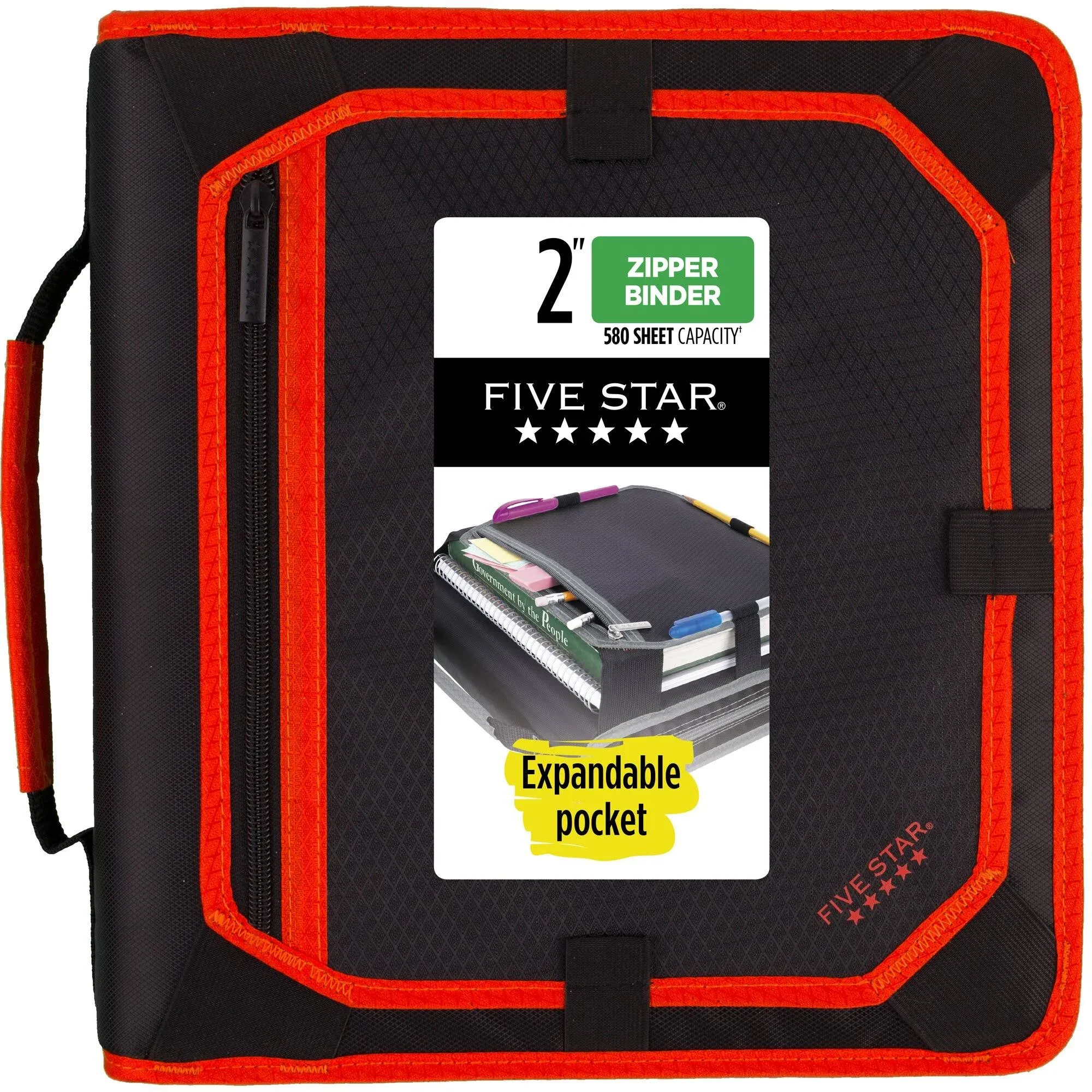 Five Star Zipper Binder, 3 Rings, 2" Capacity, 11 x 8.5, Black/Red Accents