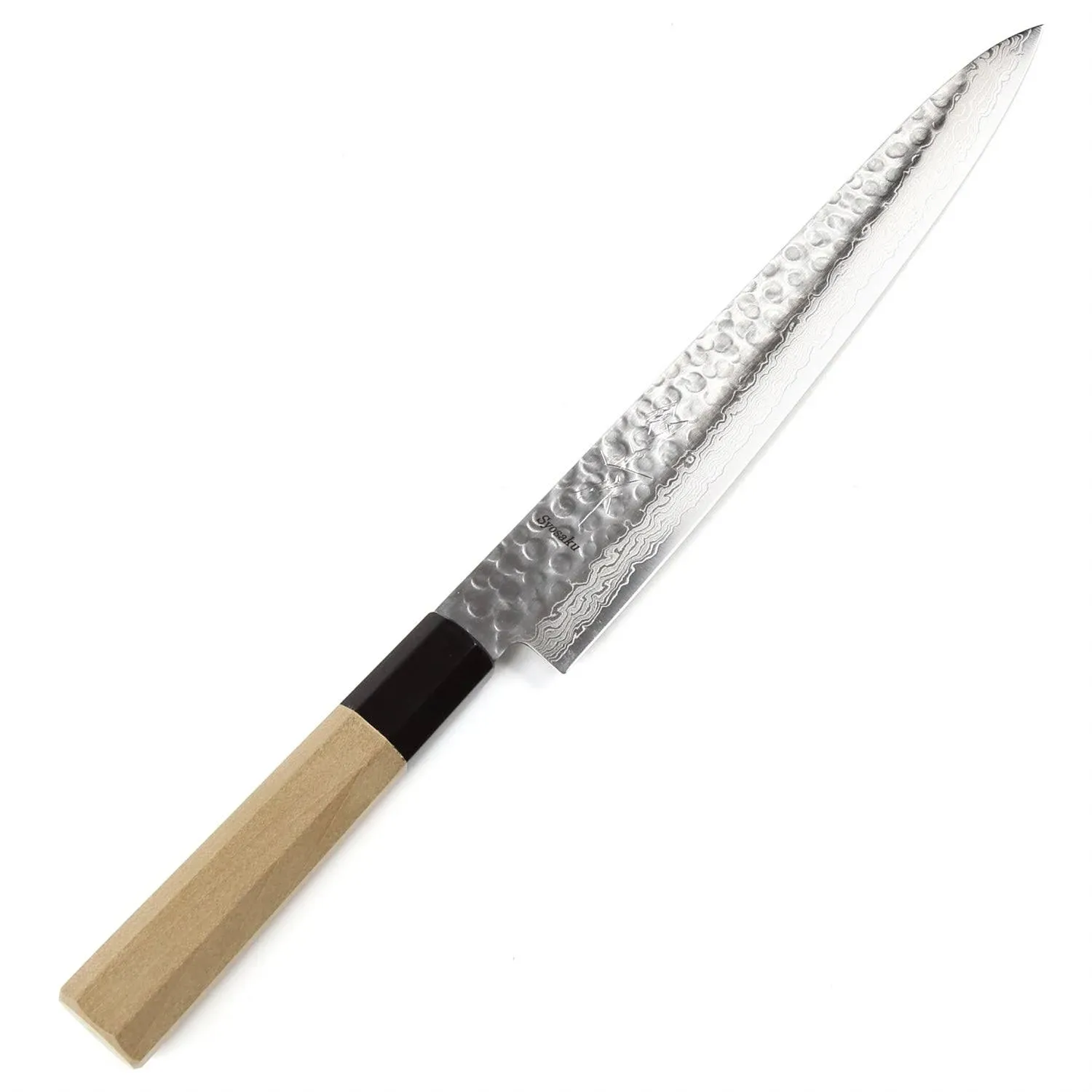   Syosaku Japanese Sujihiki Best Sharp Kitchen Chef Knife Hammered Damascus VG-10 46 Layer Octagonal Magnolia Wood Handle, Slicer 9.5-inch (240mm)  