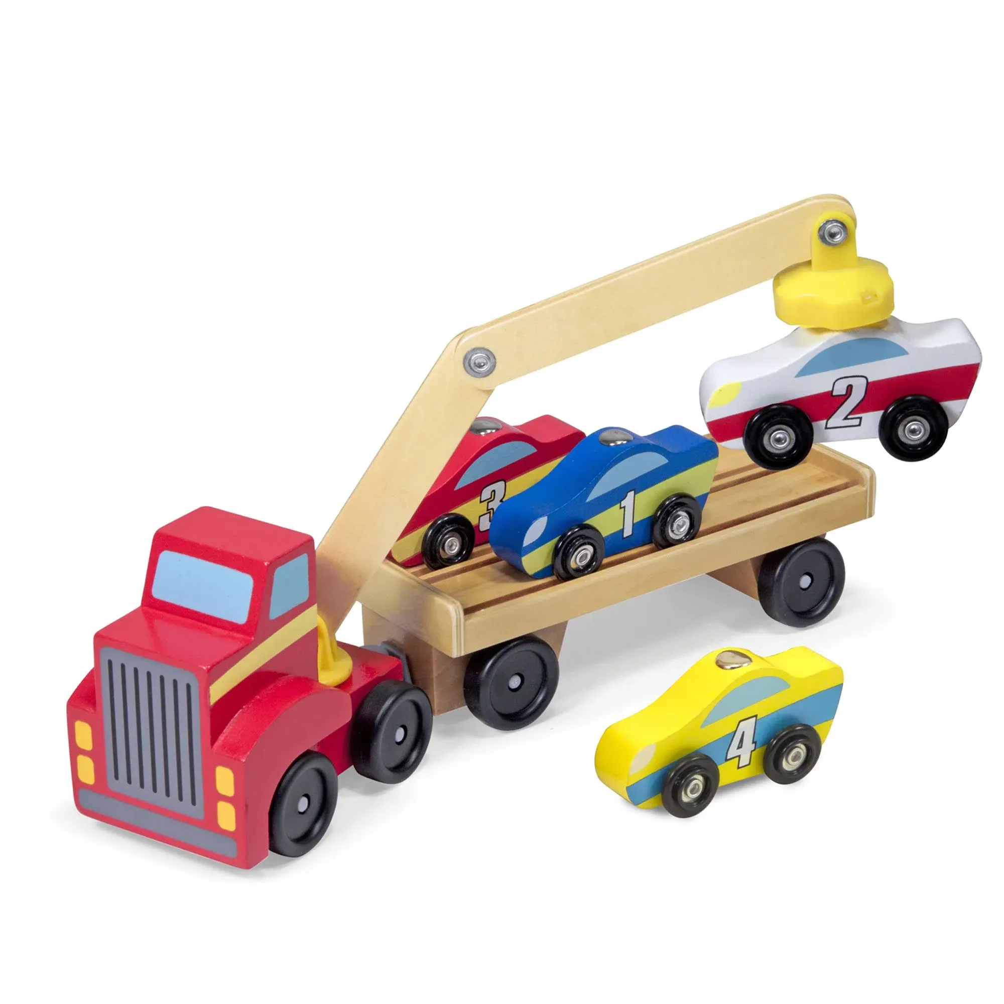 Melissa and Doug Wooden Car Loader Truck And 4 Cars With Magnetic Arm