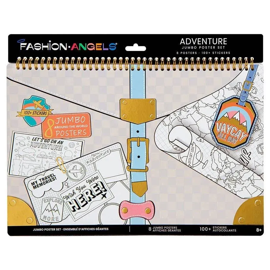 Fashion Angels Adventure Poster Portfolio Set - 8 Jumbo Coloring Posters, Inspirational Messages Coloring, Great Sketchbook for Travel, Includes 250+ Stickers - Ages 6 and Up