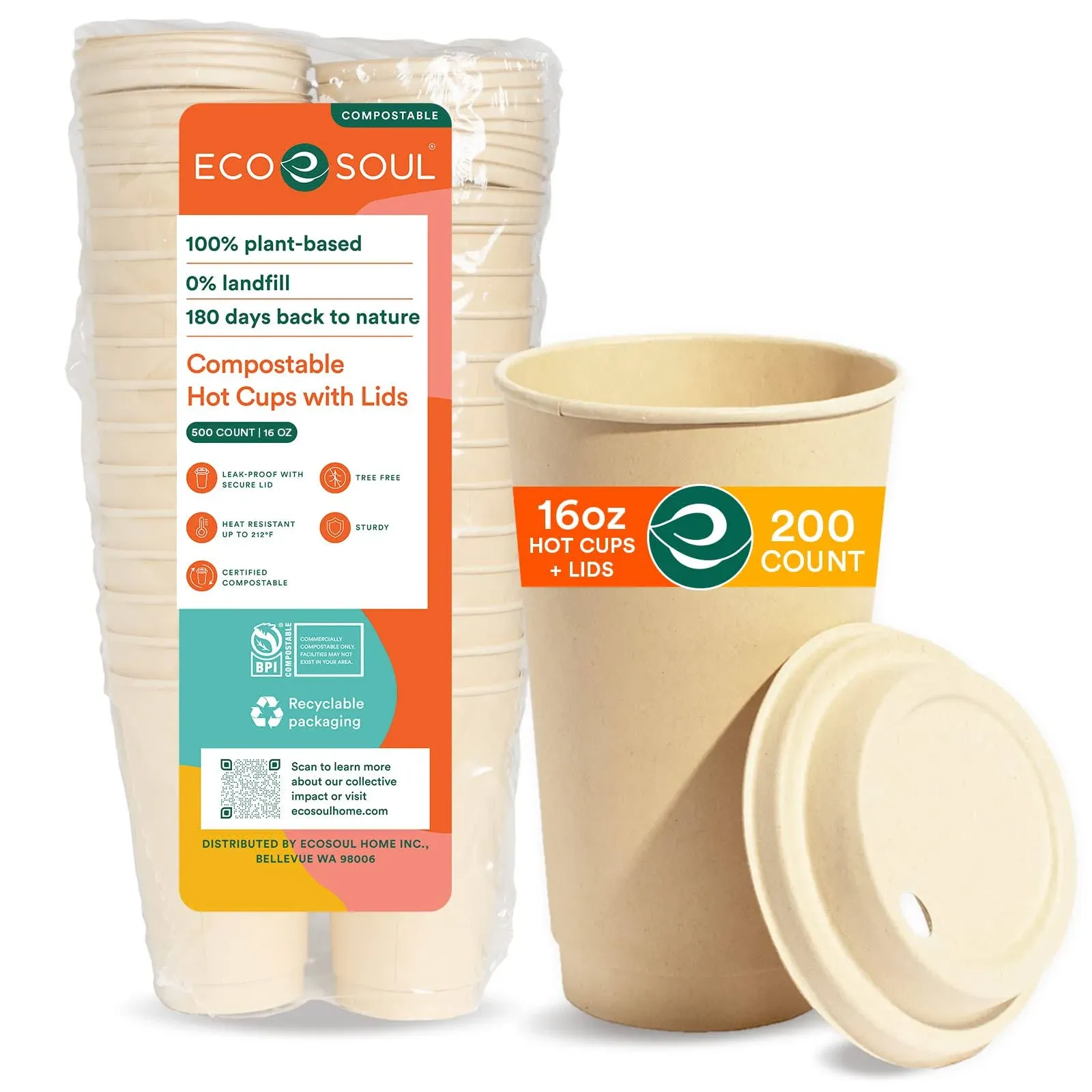 Eco Soul 100% Compostable Plant Based 16 oz Bagasse Hot Cups with Lids, 200 Count