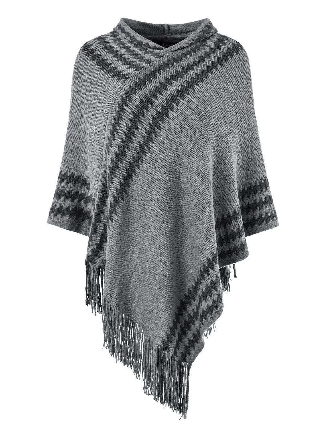 Ferand Women's Hooded Zigzag Striped Knit Cape Poncho Sweater with Fringes