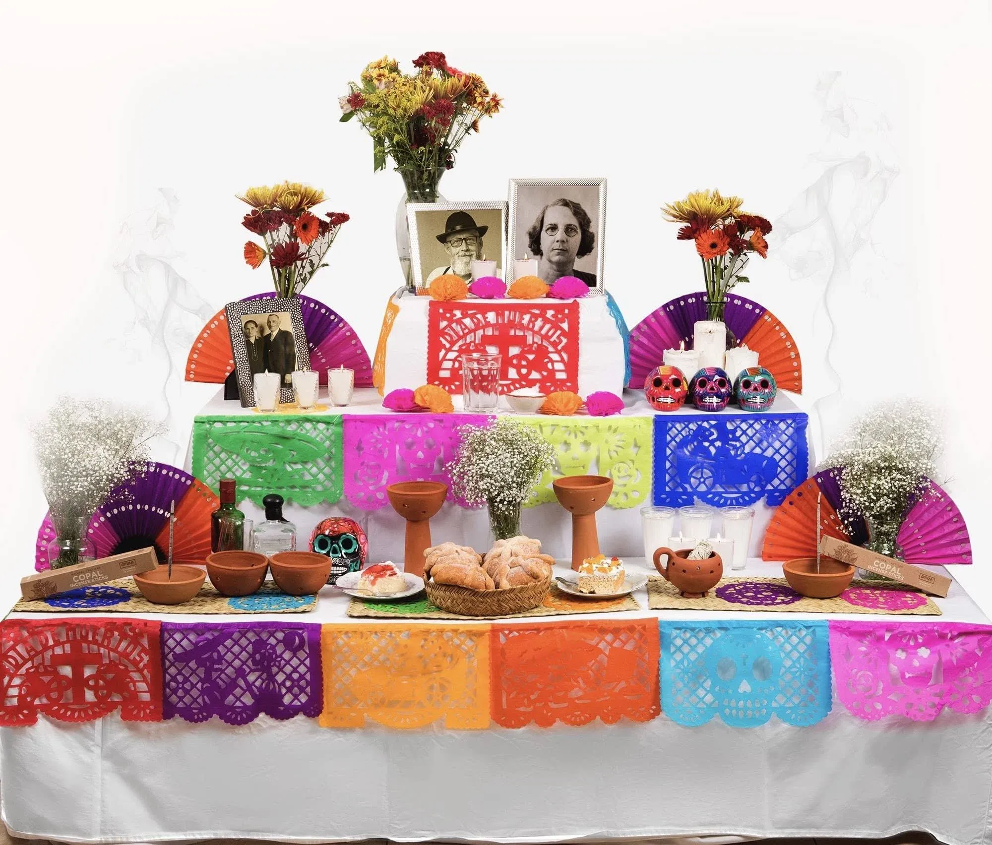 El Dia de Los Muertos Classic Decor KIT. With a 4.5" Hand-painted ceramic Skull. All You Need to Set-Up your Traditional Ofrenda or "Day of the Dead